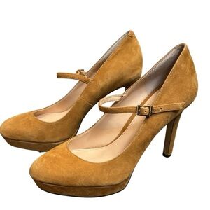 VINCE CAMUTO JOSHLYNN Tan Suede Mary Jane Platform Pumps Leather Heels EUC